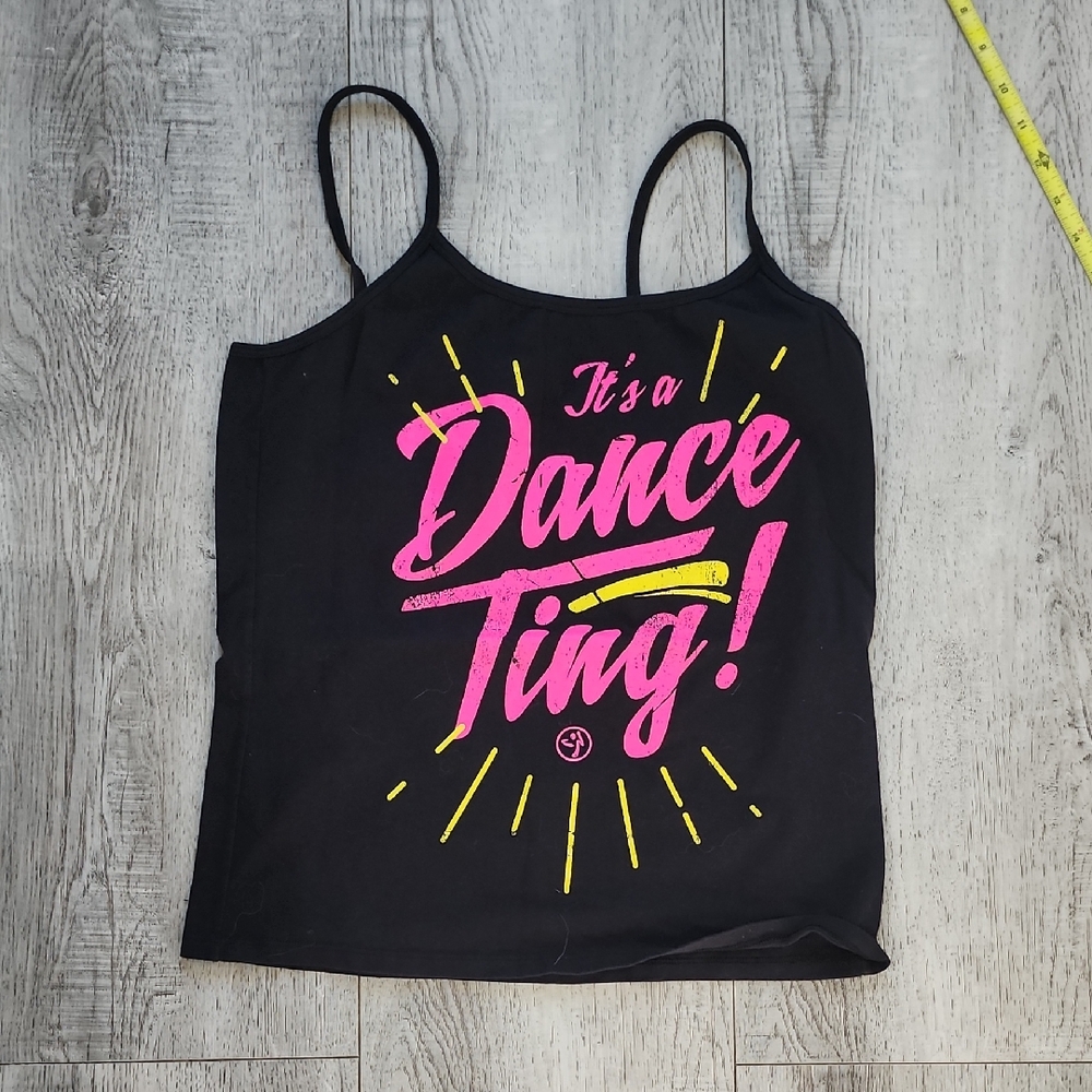 Zumba Fitness Black Camisole with Vibrant Pink and Yellow Design